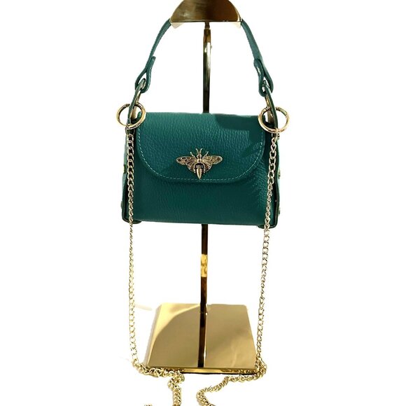 Gold Bee Handbag-Vera Pelle-Made In Italy-Leather Grab Handle Bag W/ Chain Strap - Picture 12 of 15